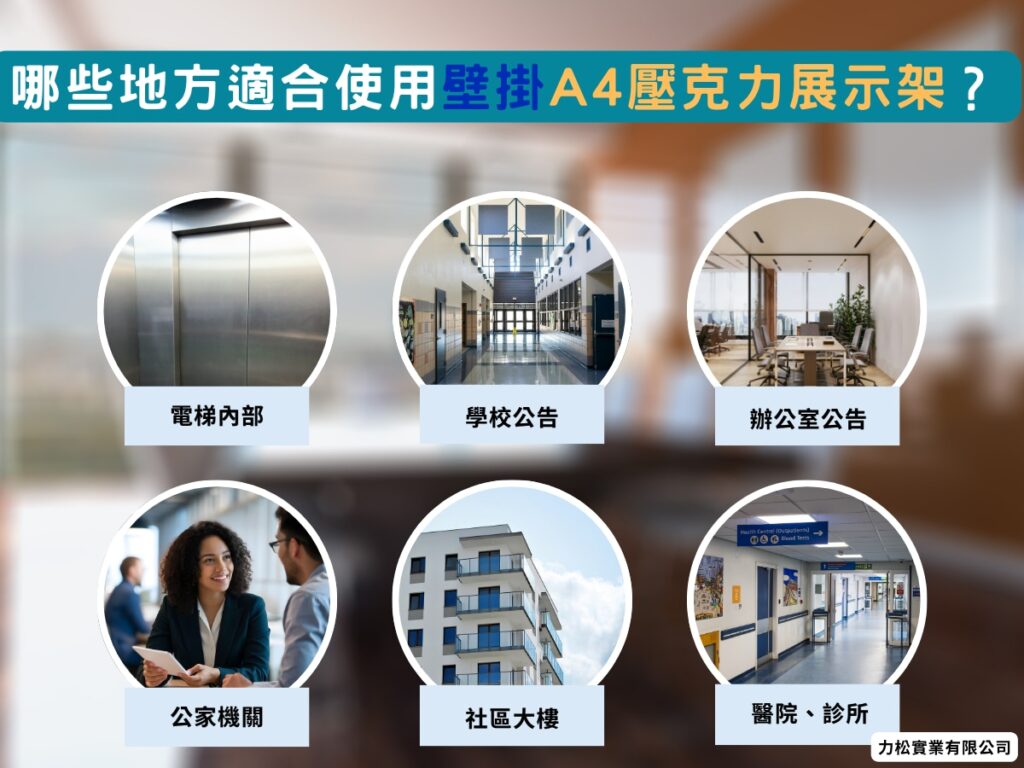 哪些地方適合使用壁掛A4壓克力展示架：電梯內部、學校公告、辦公室、公家機關、社區大樓、醫院診所